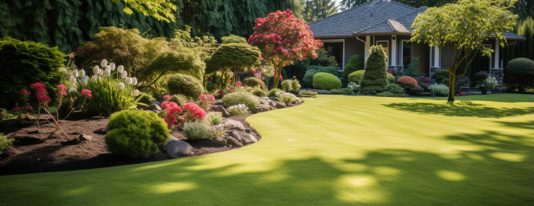 Lawn and shrubs with house in background