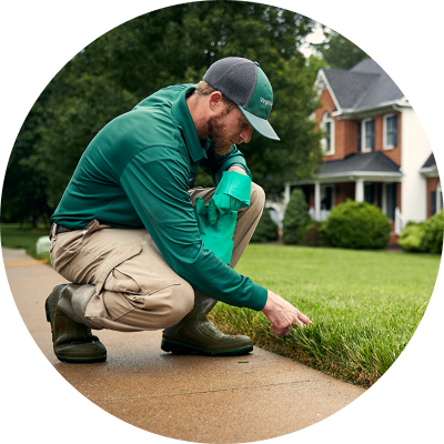 man checking sidewalk/lawn edge